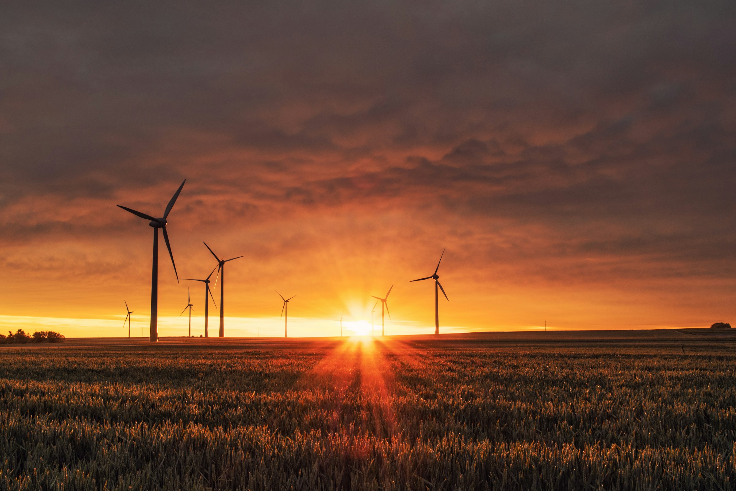 Technicians inspecting wind turbines during sunrise